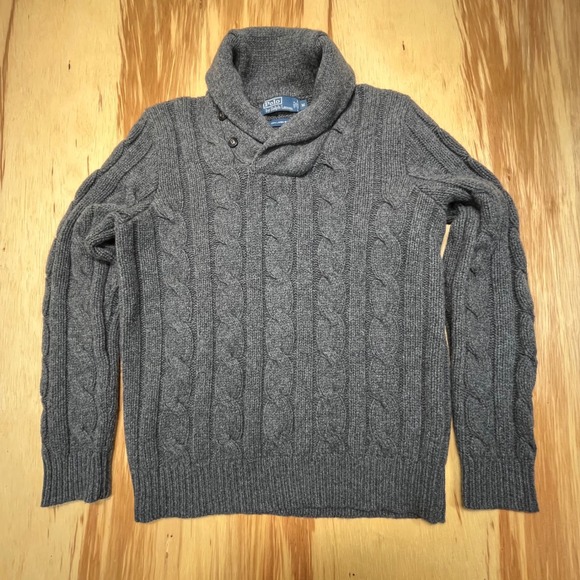 Polo Ralph Lauren Cableknit Fisherman Lambswool Gray‎ Knit Sweater Mens Medium - Picture 1 of 6